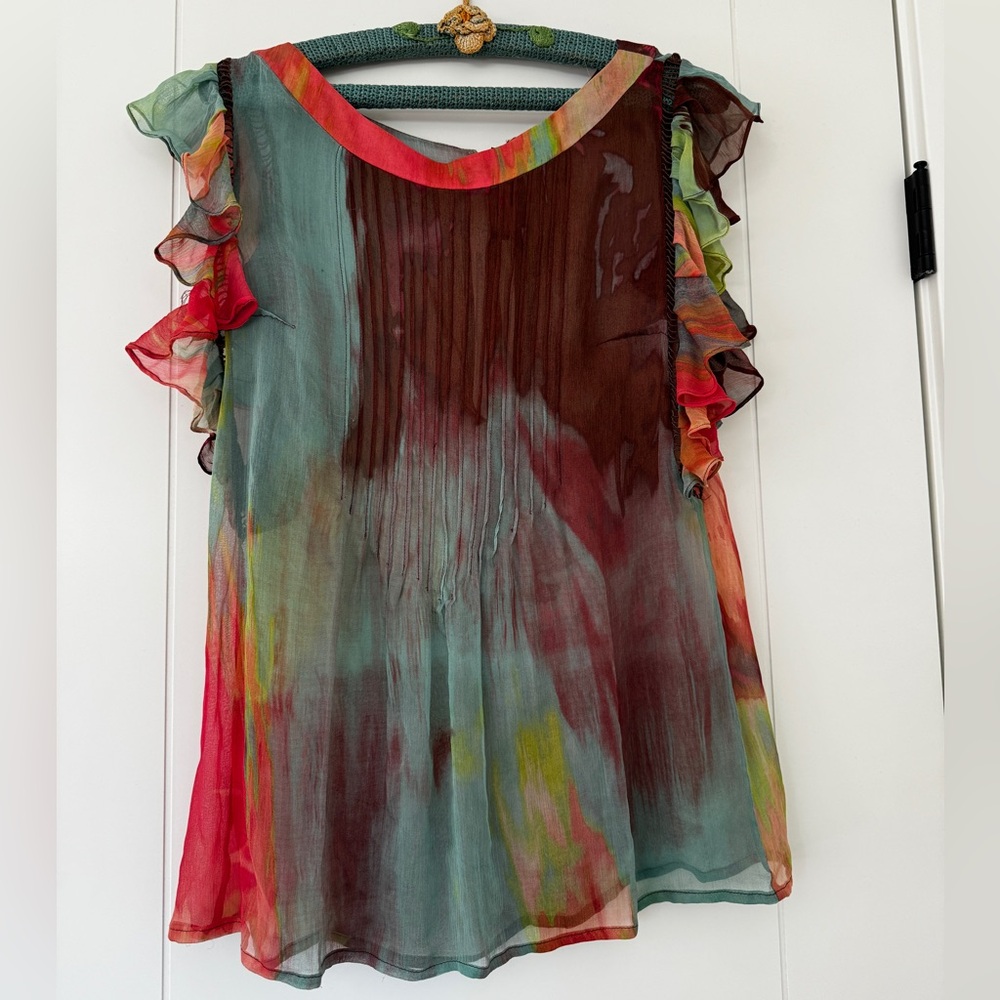 Multicolor VTG BCBG Ruffle Sleeve Chiffon Women's Top MED